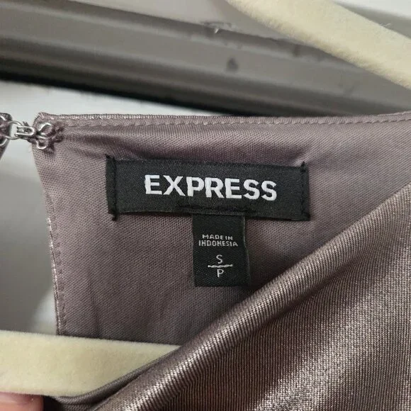 Express S Gold Metallic Ruched Mini Dress Long Sleeves Keyhole Back Stretch - Picture 4 of 6